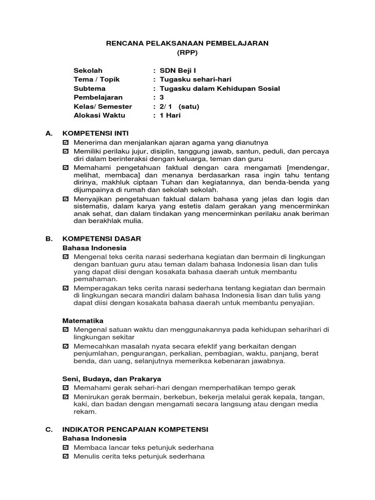 Penyusunan rpp tematik kelas 4 tema 3 format 1 lembar/halaman tentunya haruslah sesuaikan dengan silabus dan terintegritas, ppk, literasi, 4c dan host dan model . Rpp Kelas 2 Semester 1 Tema 3 Subtema 4 Pdf