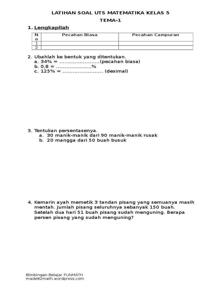 Soal latihan ulangan harian matematika kelas 5 semester 1. Latihan Soal Uts Matematika Kelas 5 Pdf