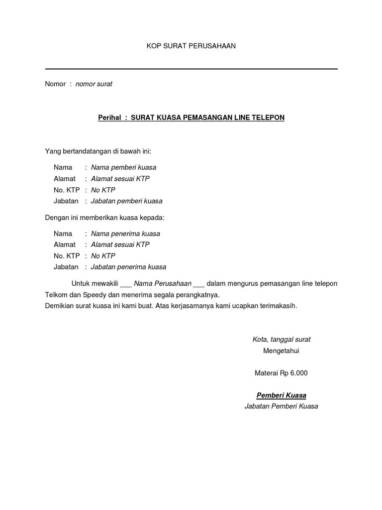 Marina ancol green hotel jl. Surat Kuasa Pemasangan Telepon