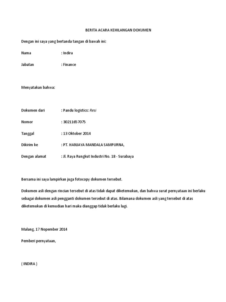 Rincian jelas mengenai contoh surat berita acara kehilangan dokumen. Berita Acara Kehilangan Dok Pdf