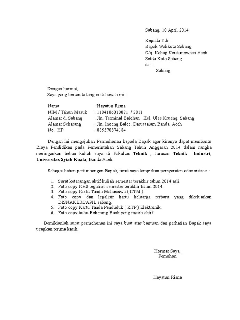 Berikut kami berikan contoh surat permohonan beasiswa kepada bupati, gubernur, walikota. Contoh Surat Permohonan Beasiswa Sabang Pdf