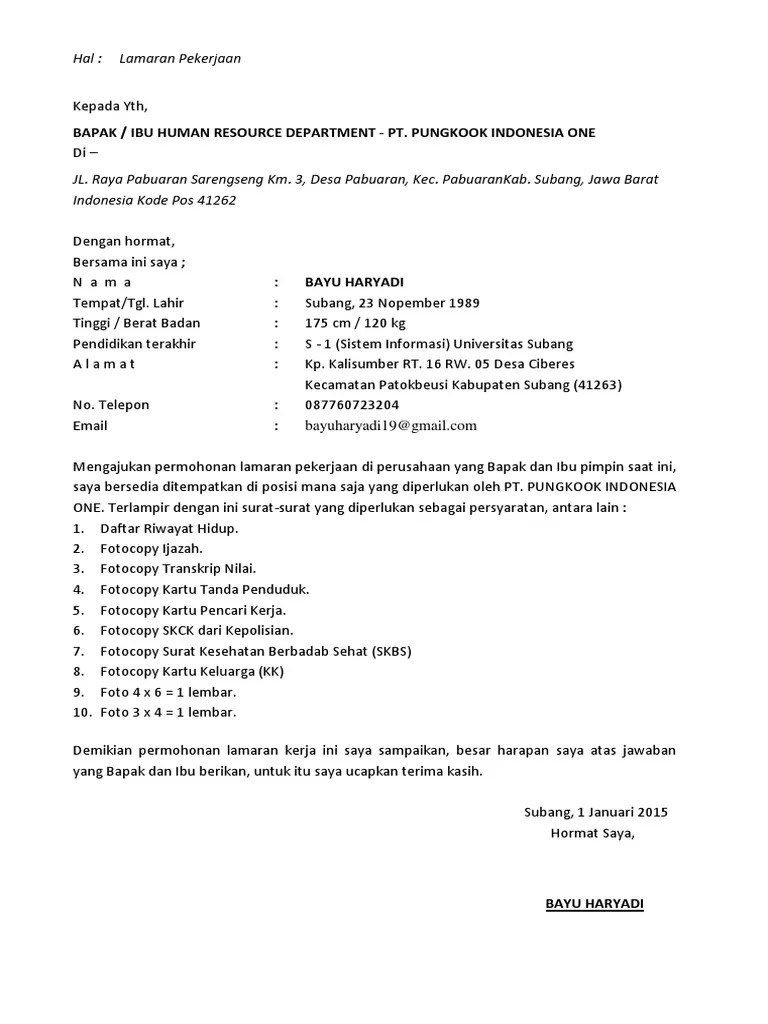 Contoh lamaran pt cpb : 17++ Contoh Surat Lamaran Kerja Di Pt Pungkook Indonesia ...