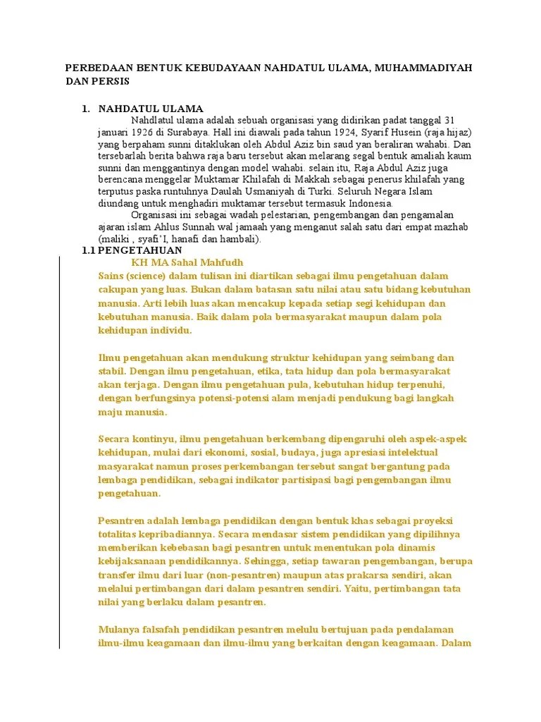 Perbedaan BentuPERBEDAAN BENTUK KEBUDAYAAN NU, MUHAMMADIYAH Dan PERSISk  Kebudayaan Nu, Muhammadiyah Dan Persis | PDF