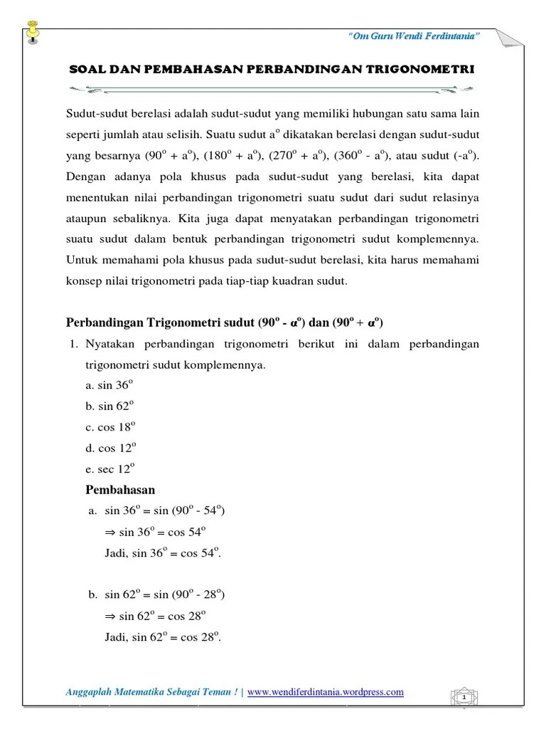 Soal Dan Pembahasan Perbandingan Trigonometri | PDF