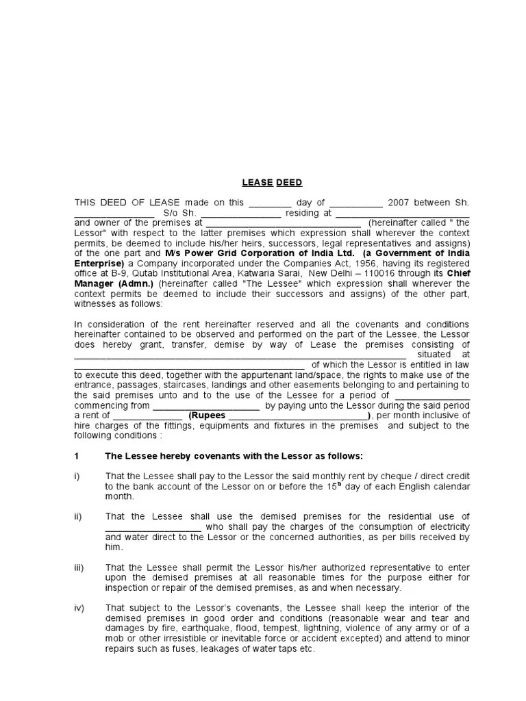 lease agreement format lease deed formdoc lease private law