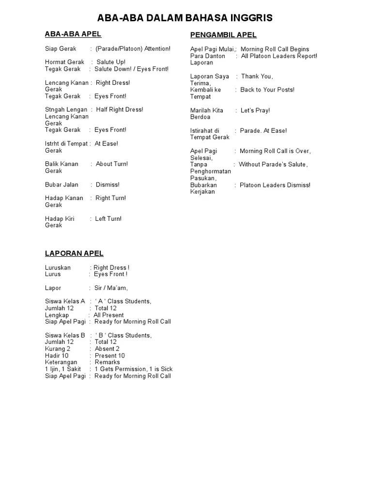 Aba-Aba Dalam Bahasa Inggris | PDF