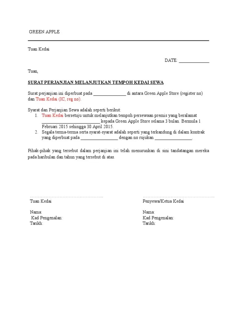 Rental shop, with regret, self termination, . Surat Melanjut Sewa Kedai Pdf