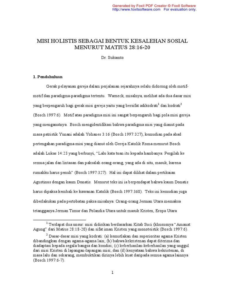 Pemahaman UlangMISI HOLISTIS SEBAGAI BENTUK KESALEHAN SOSIAL MENURUT MATIUS  28:16-20 | PDF