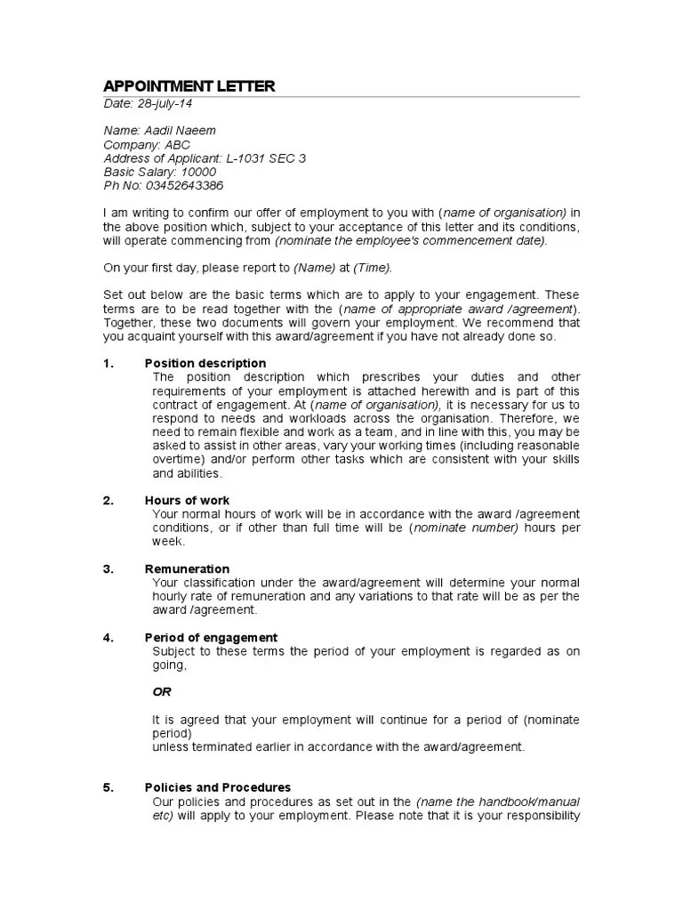 Download the template for free (pdf or word). Appointment Letter Pdf Working Time Overtime