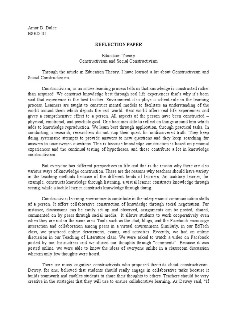 To reflect is to think deeply about something. Reflection Paper Hum 2 | Constructivism (Philosophy Of ...
