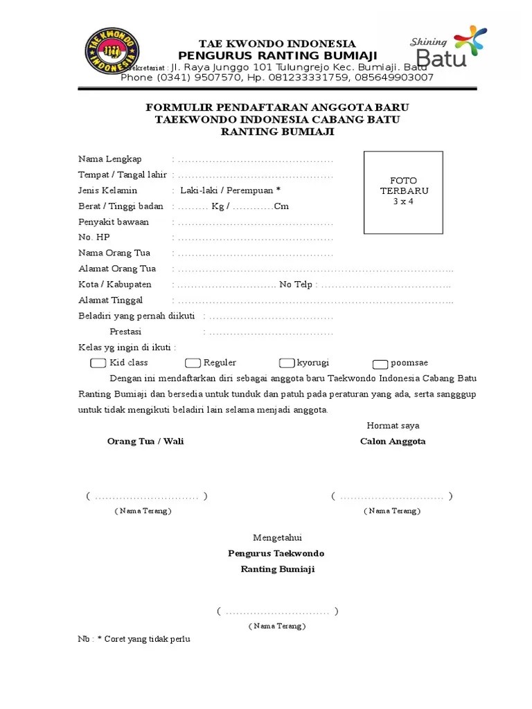 Formulir Pendaftaran Anggota Baru Taekwondo | PDF