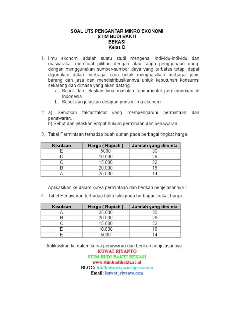 Soal Uts Pengantar Mikro Ekonomi Stim Budi Bakti Kelas d1 | PDF
