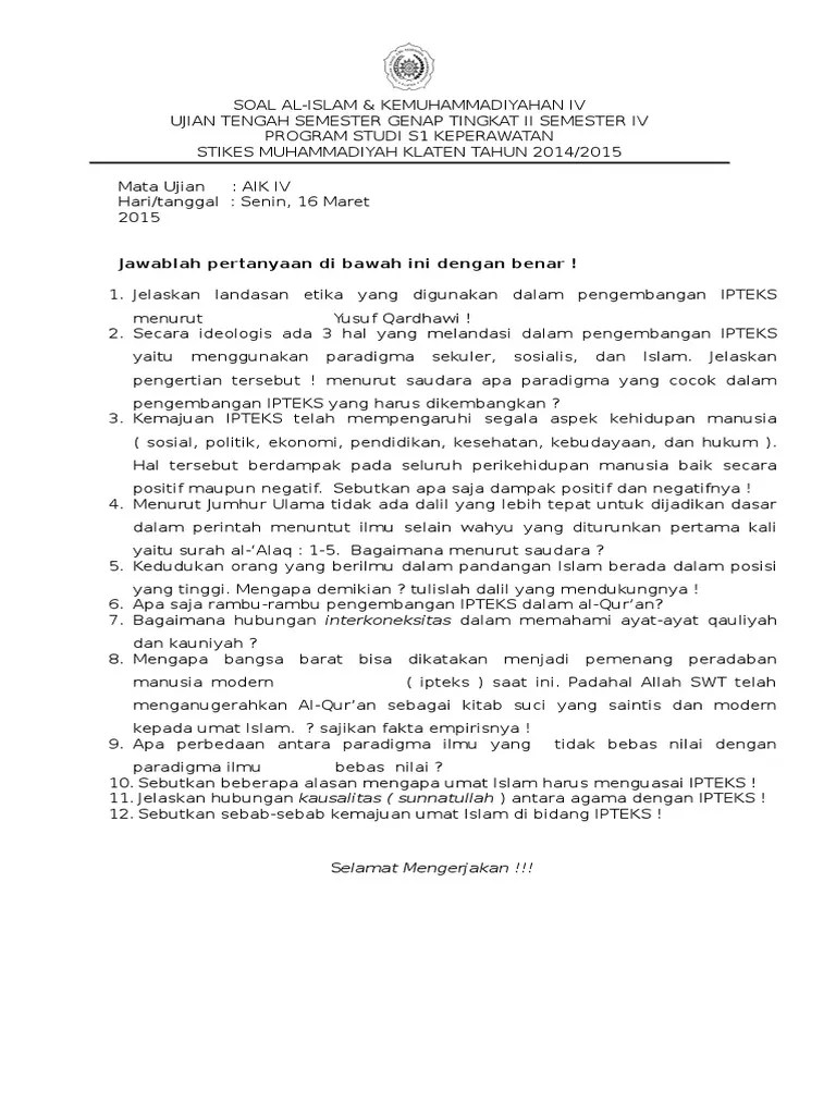 Latihan soal kemuhammadiyahan sd/mi 1. Soal Aik 4 S1 Keperawatan Essay Pdf