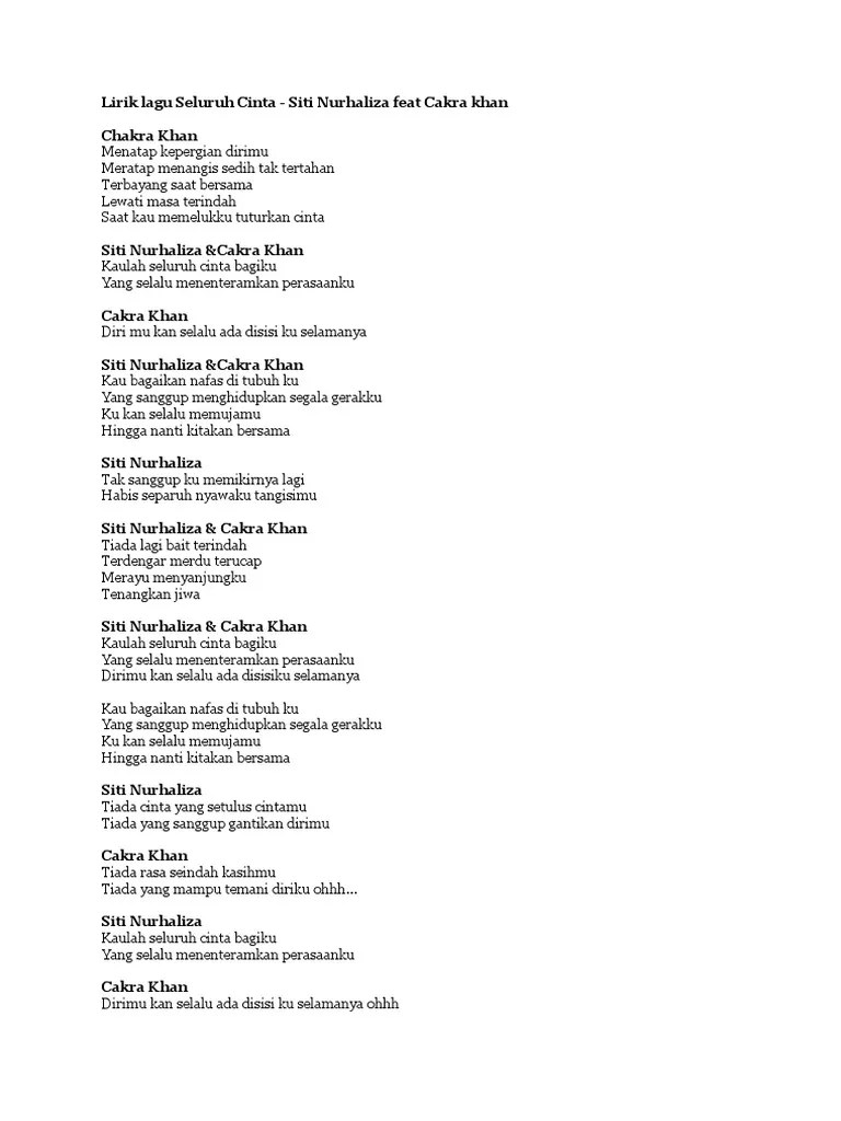 Lagu seluruh cinta cakra khan feat siti nurhaliza full album. Lirik Lagu Seluruh Cinta Pdf