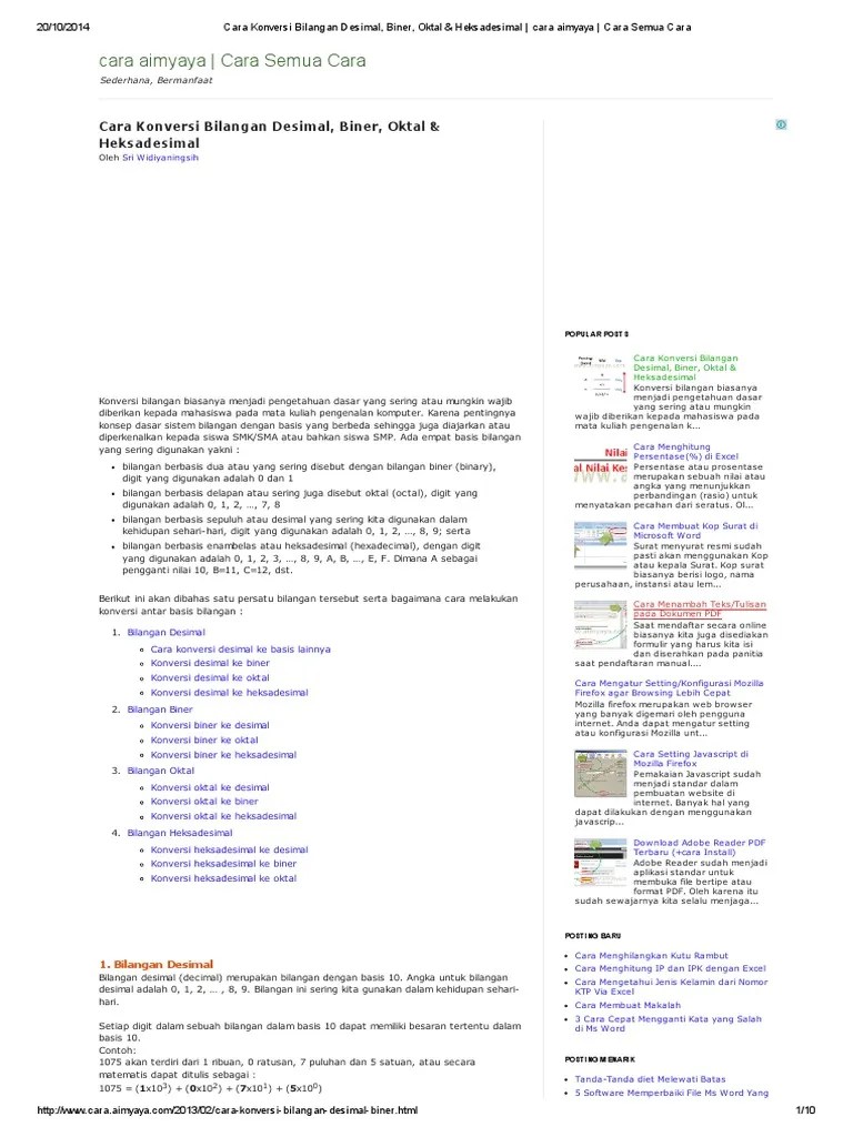 Konversi Bilangan Desimal, Biner, Oktal &amp; Heksadesimal | PDF