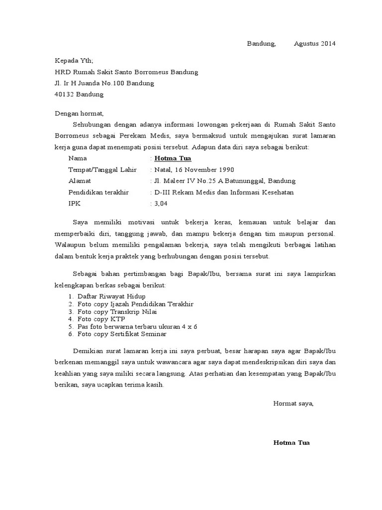 Dengan ini saya ingin mengajukan lamaran kerja di rsud ulin yang ibu pimpin. Rs Santo Borromeus Bandung Pdf