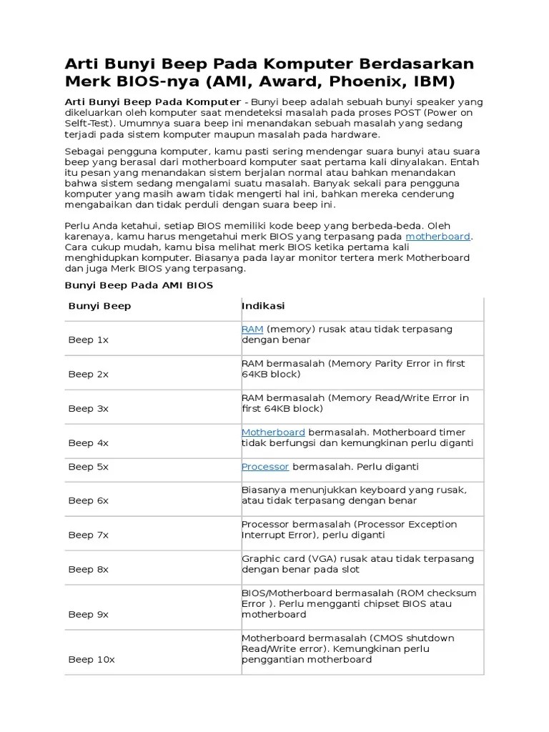 Arti Bunyi Beep Pada Komputer Berdasarkan Merk BIOS | PDF