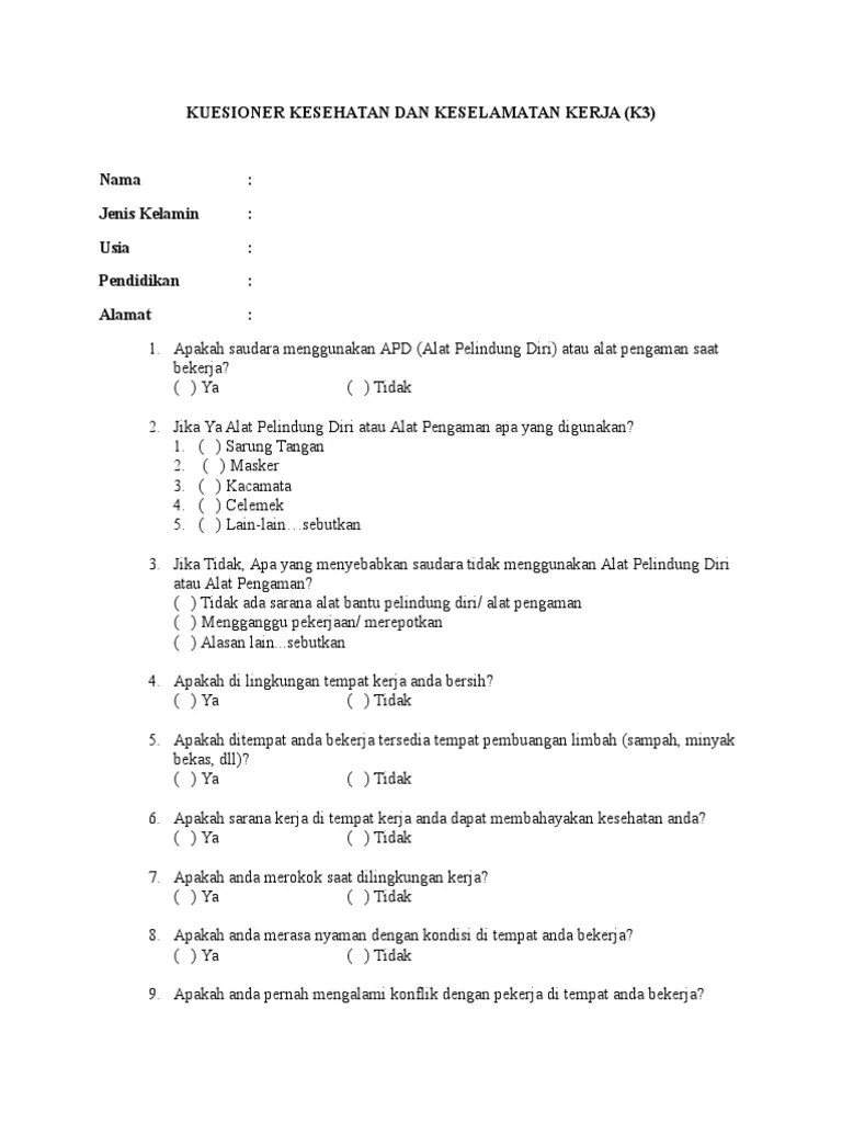 Kesehatan, jaminan hari tua terhadap semangat kerja karyawan di pt. Kuesioner K3 Pdf