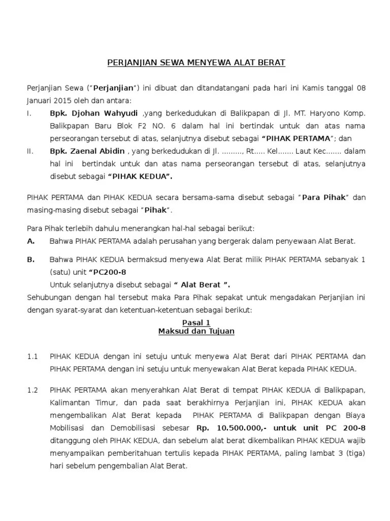 Galeri dari kontrak sewa pakai alat berat memiliki resolusi terbaik yaitu hd dan ukuran tebaik dengan dimensi 768 x 1024 dari sumber id.scribd. Draft Perjanjian Sewa Alat Berat 2 Kosong
