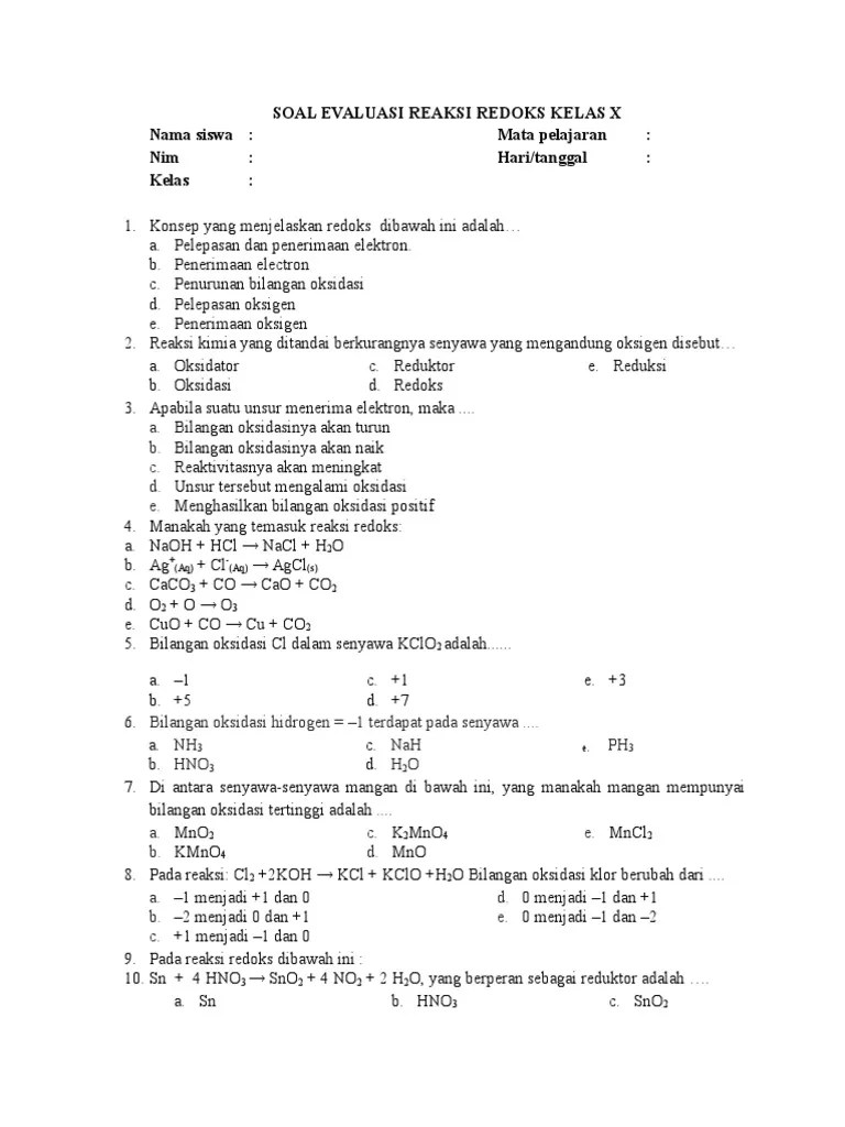 Contoh soal neraca massa tanpa reaksi kimia. Soal Evaluasi Redoks Kelas X Pdf