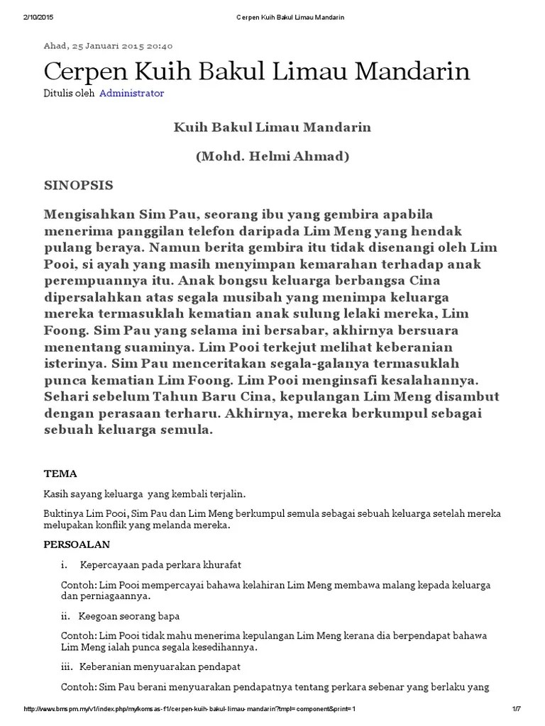 Persoalan kepercayaan pada perkara khurafat dalam cerpen ini ialah. Cerpen Kuih Bakul Limau Mandarin