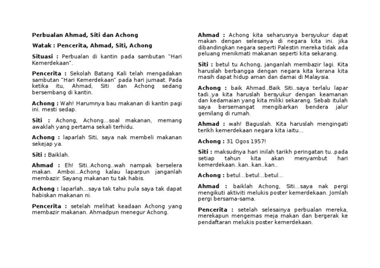 Contoh karangan dialog pt3 spm bahasa melayu yang terbaik yang dihasilkan oleh pelajar sekolah, boleh jadi rujukan untuk menulis. Dialog Perbualan Hari Kemerdekaan Pdf