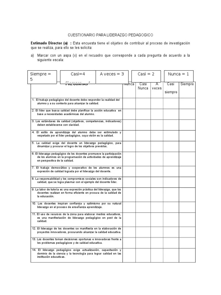 Es fundamental que el docente sepa aplicar estrategias adecuadas que le permitan desarrollar y formar estudiantes líderes, el cambio ene . Cuestionario Para Liderazgo Pedagogico Pdf Liderazgo Calidad Comercial