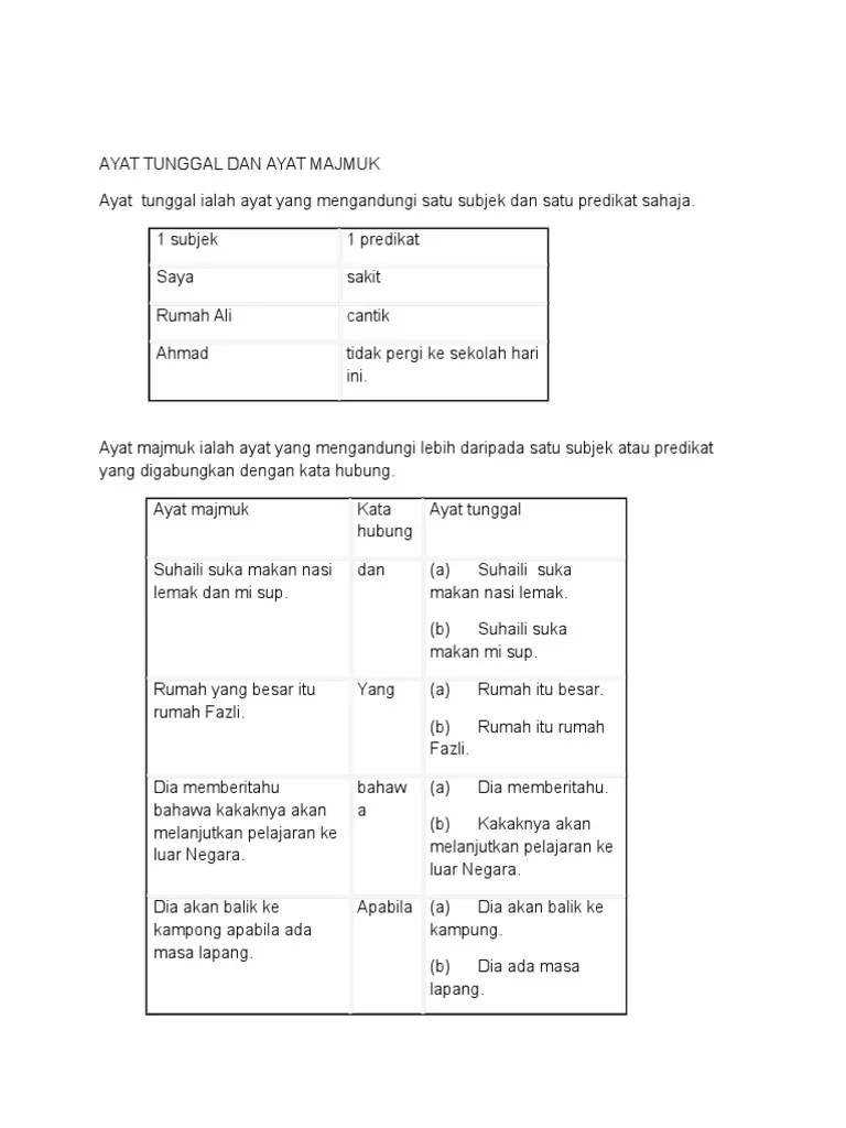 Pilih kata hubung yang sesuai bagi menggabungkan dua ayat tunggal di bawah. Latihan Ayat Tunggal Dan Ayat Majmuk Pdf