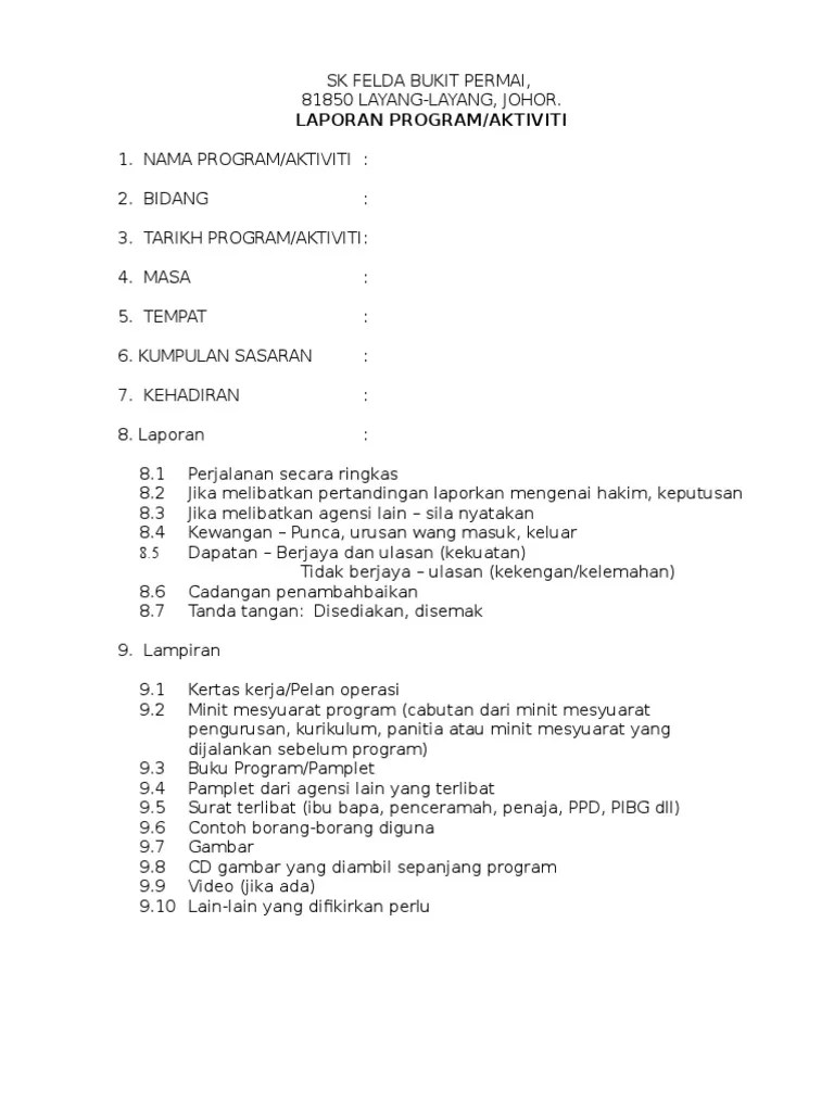 Peringkat zon / kelompok / daerah. Format Laporan Aktiviti Kokurikulum Pdf