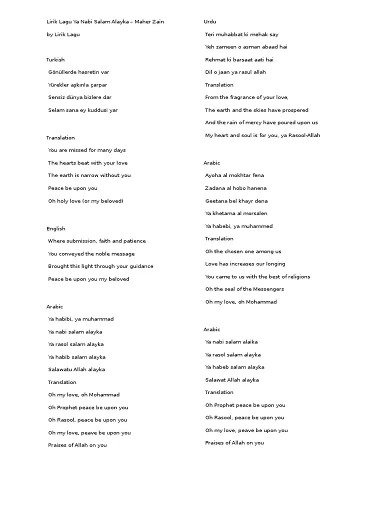 Lirik Lagu Ya Nabi Salam Alayka | PDF | Prophets And Messengers In Islam |  Supernatural