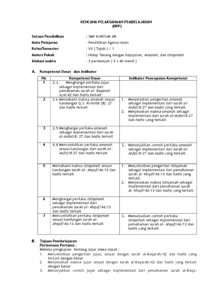 RPP Bab 3 Tenang DGN Jujur Amanah Dan Istiqamah | PDF