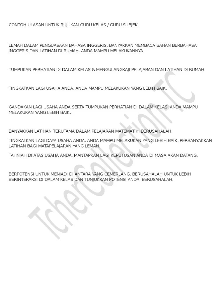 Edit ulasan guru kelas supaya keluar automatik. Contoh Ulasan Untuk Rujukan Guru Kelas Guru Subjek Pdf