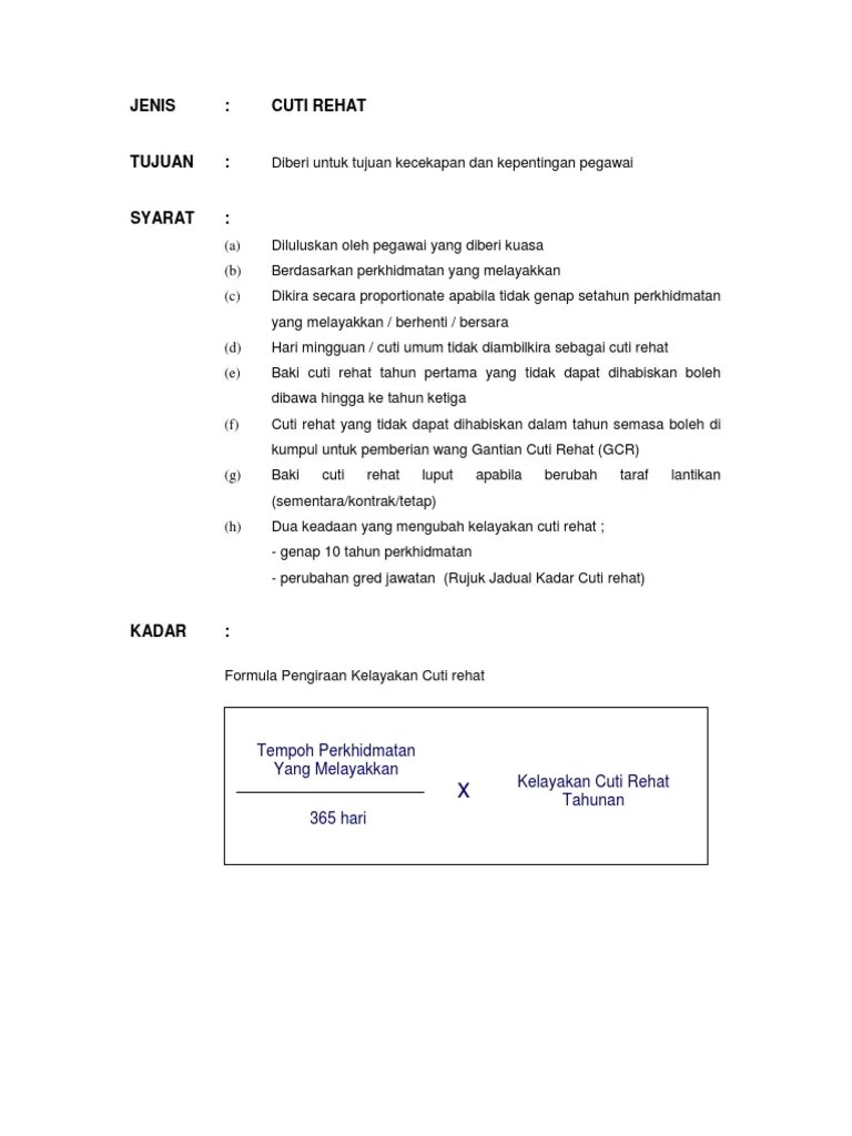 Pengiraan Kelayakan Cuti Rehat Sebarang Cuti Yang Melebihi Kelayakan Hendaklah Ditolak Dari Cuti Rehat