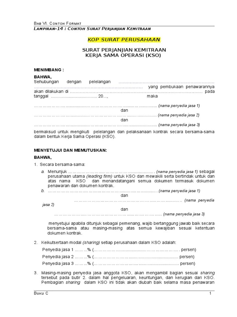 Perusahaan/koperasi utama (leading firm) untuk kemitraan/kso dan mewakili serta. Lampiran 14 Surat Perjanjian Kemitraan Pdf