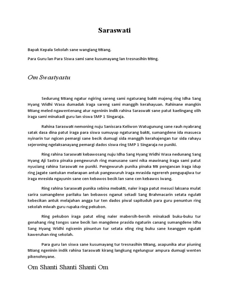 Sadurunge titiang nglanturang daging swadarmaning para yowana ring pengajah tri hita karana sajeroning ngerahajegan jagat bali. Pidato Bahasa Bali Saraswati Pdf