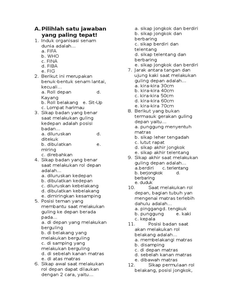 Soal Penjas Materi Senam Lantai Beserta Kunci Jawaban | PDF