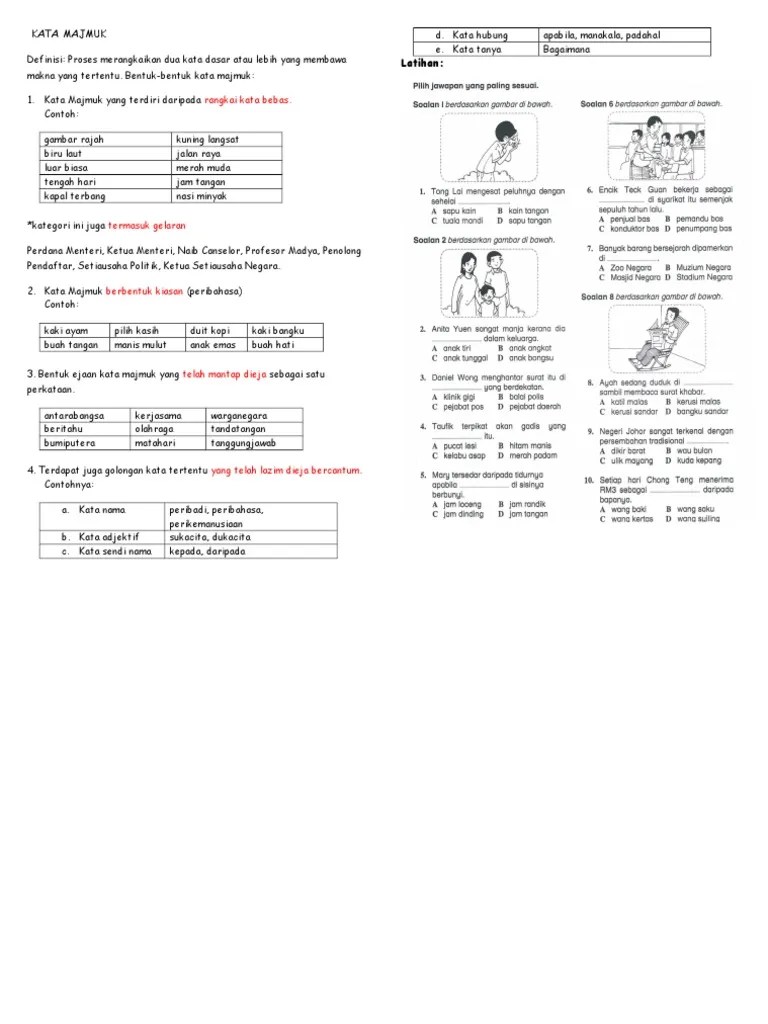 Rangkai kata bebas sama ada dalam golongan kata nama atau kata adjektif. Latihan Kata Majmuk Pdf