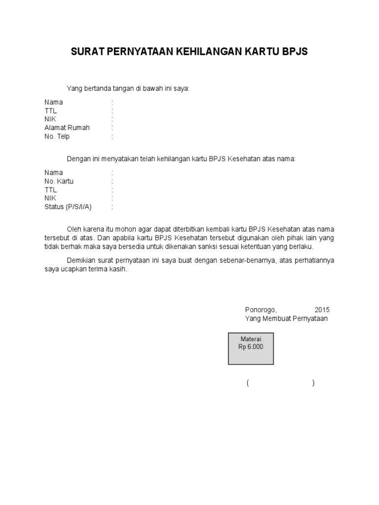 (pasal 16 pmdn nomor 108 tahun 2019). Surat Pernyataan Kehilangan Kartu Bpjs Pdf