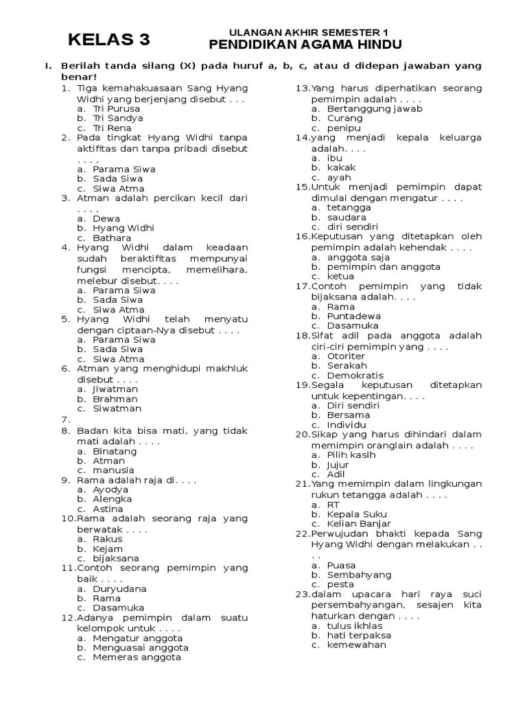 Kumpulan soal uts / pts kelas 2 sd/mi semester ganjil k13 terbaru Pendidikan Agama Hindu Uas Kelas 3 Semester 1 Pdf