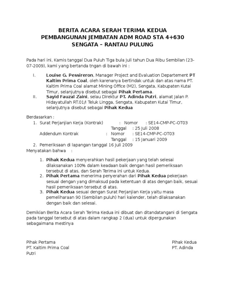 Berita acara hasil pemeriksaan administrasi (bahpa) oleh pejabat/panitia pemeriksa hasil. Contoh Surat Berita Acara Serah Terima Pekerjaan Selesai