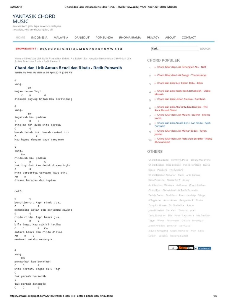 Chord Dan Lirik Antara Benci Dan Rindu - Ratih Purwasih - YANTASIK CHORD  MUSIC | PDF