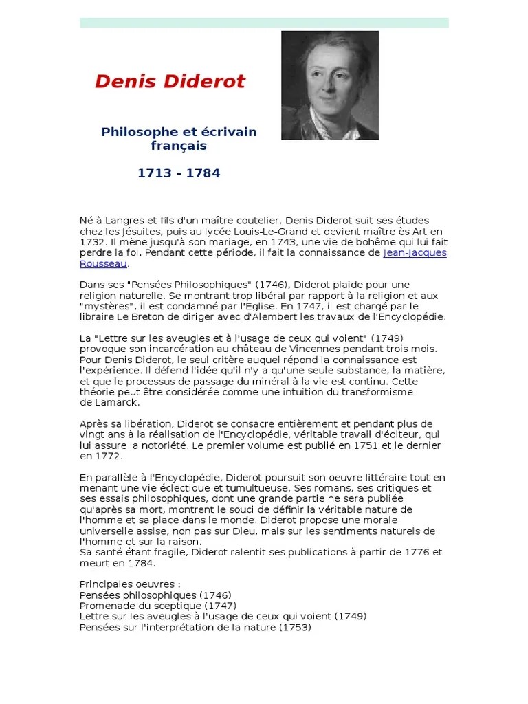 Elle est composée de 17 volumes de textes appelés les discours et de 11 volumes de planches. Denis Diderot Biographie Courte Pdf Cours Exercices Examens