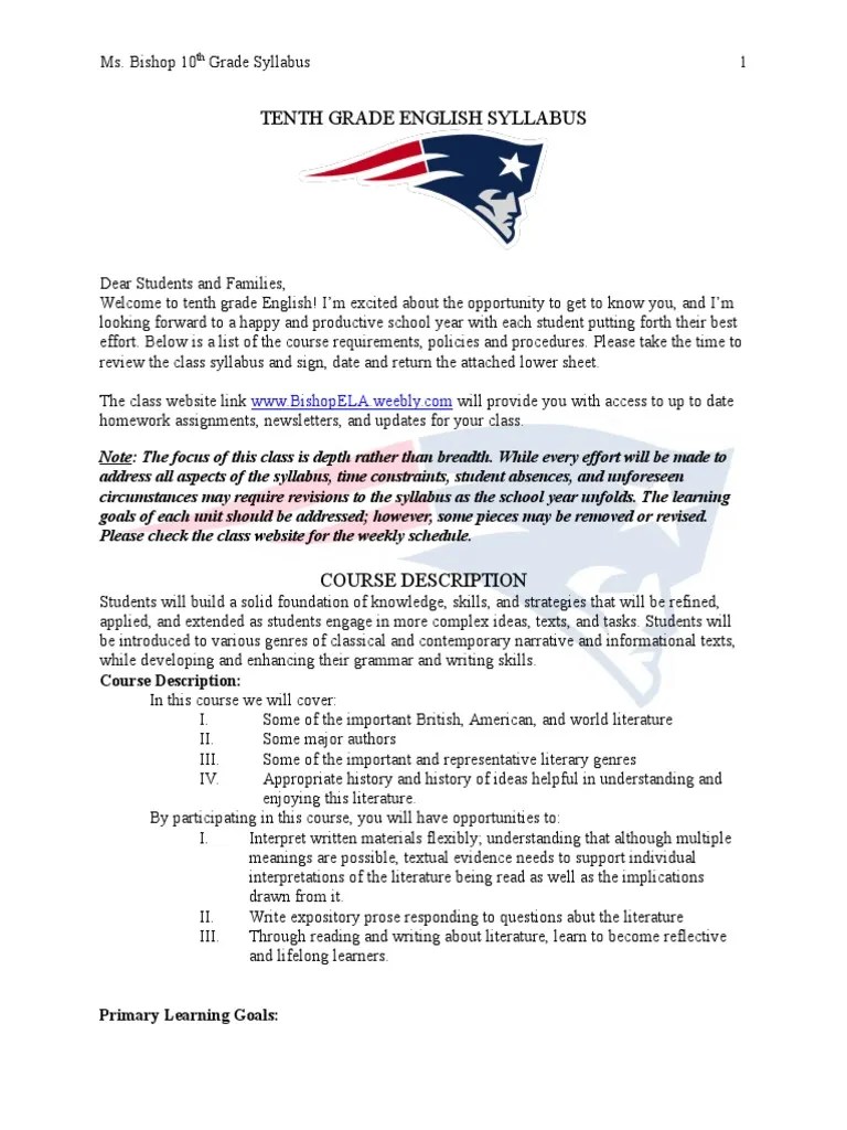 tenth grade english syllabus homework reading process