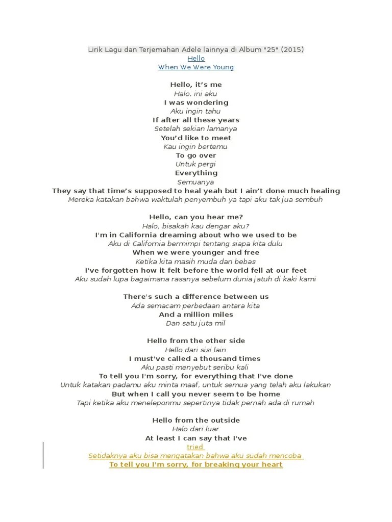 Lirik Lagu When We Were Young Beserta Artinya