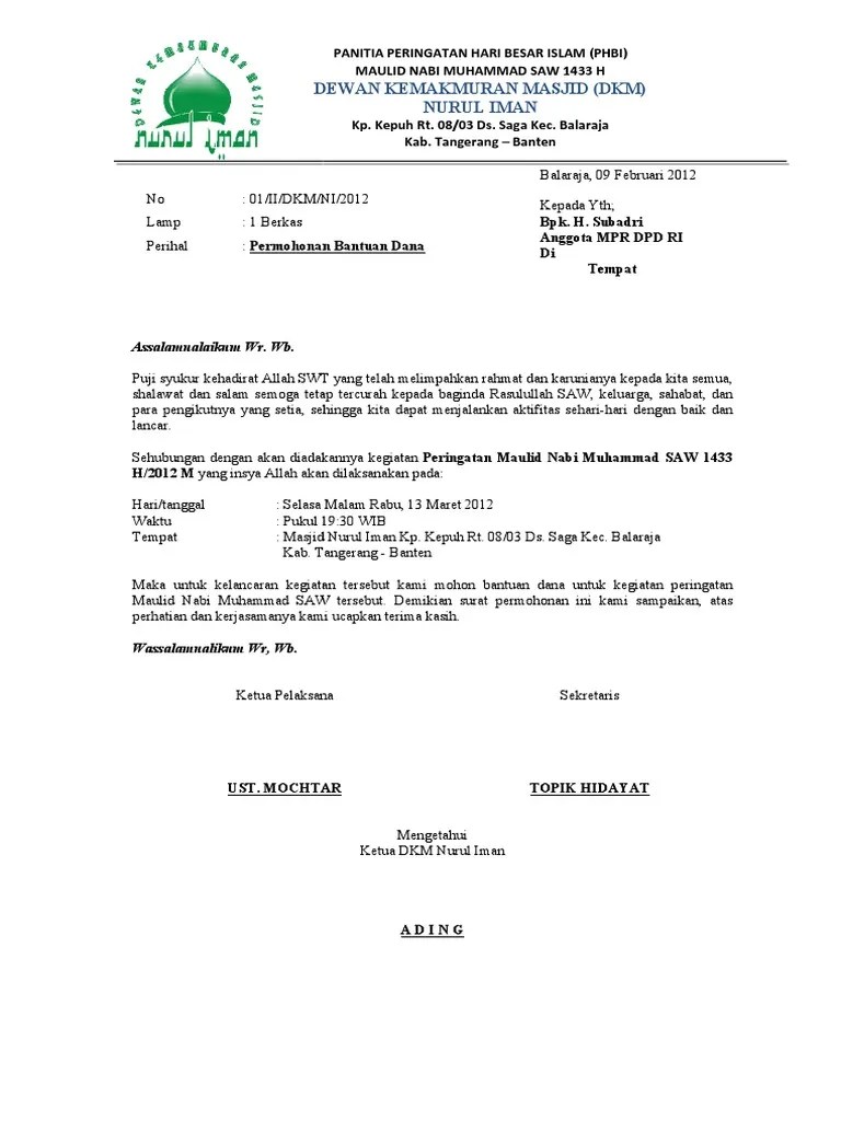 Contoh Surat Permohonan Bantuan Dana Kegiatan Maulid - Nusagates