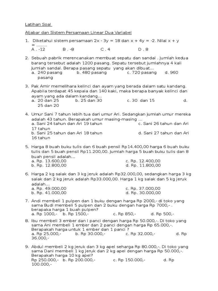 Latihan Aljabar &amp; SPLDV | PDF