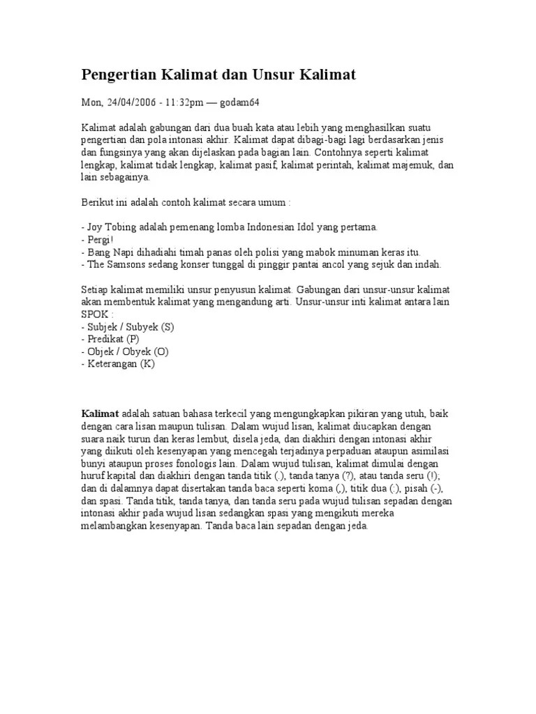 Pengertian Kalimat Dan Unsur Kalimat | PDF