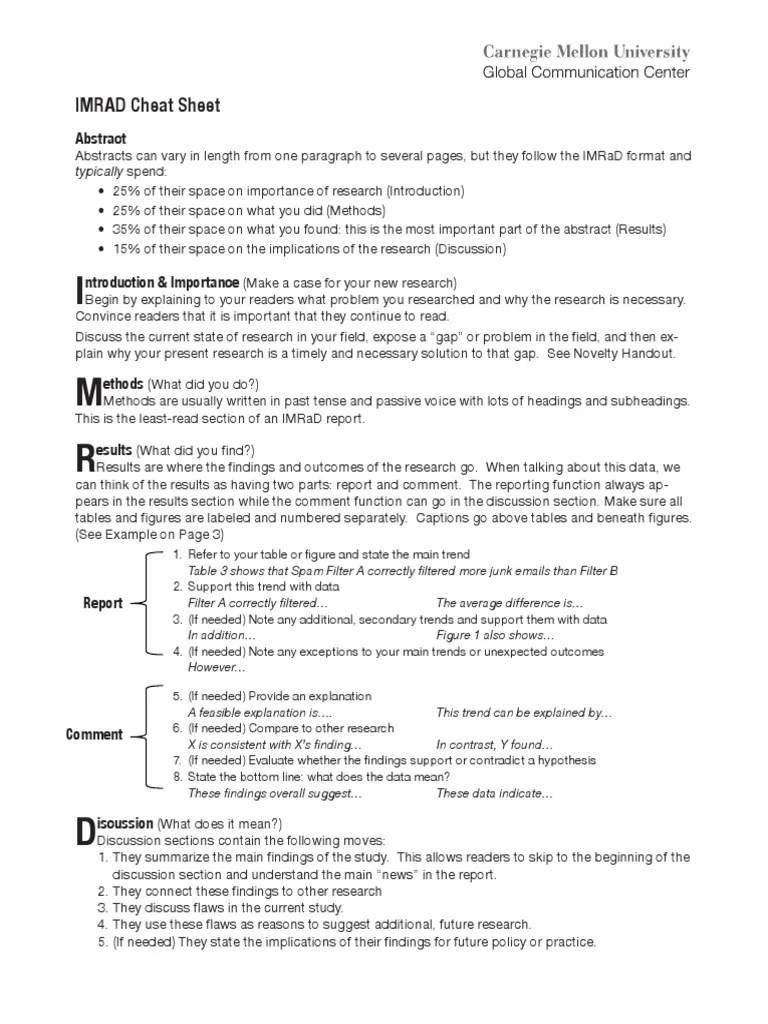 Limitations, directions for future research, or other moves outlined in the handout &quot;imrad conclusions&quot;). Imrd Pdf