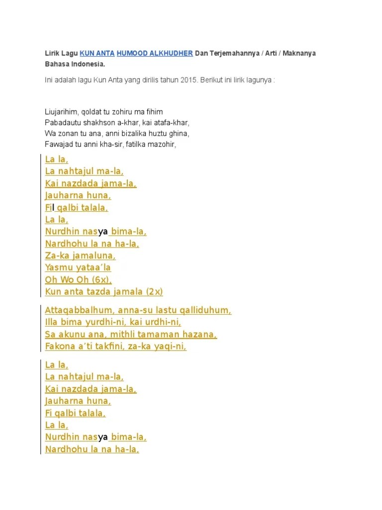 Lirik Lagu Kun Anta Yg Bahasa Indonesia