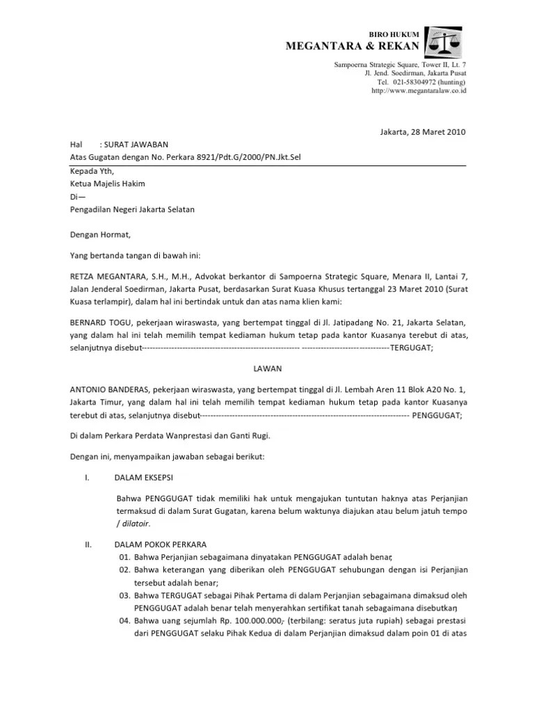 Gugatan penggugat diajukan telah lewat waktu/daluwarsa. Surat Jawaban Pdf